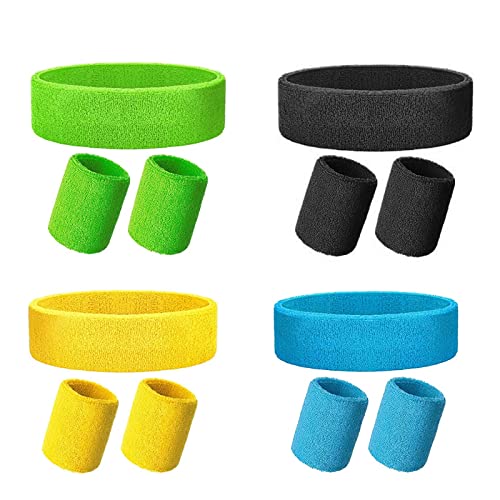 Wristbands Headbands Sweat bands Set, 4 Pieces Men Women Sweat Bands wristbands Absorbent wrist band for Gym Sports Tennis Running Exercise Basketball Wrist Sweatband Moisture