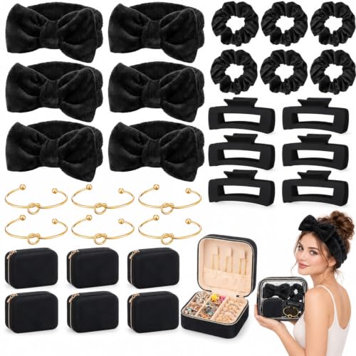 Suncalla 30 Pcs Spa Party Favor Bridal Gift Set Bridesmaid Proposal Gift Knot Bracelet Jewelry Boxes Hair Clip Scrunchies Headband for Bridal Shower & Bachelorette Party(Black,Velvet)