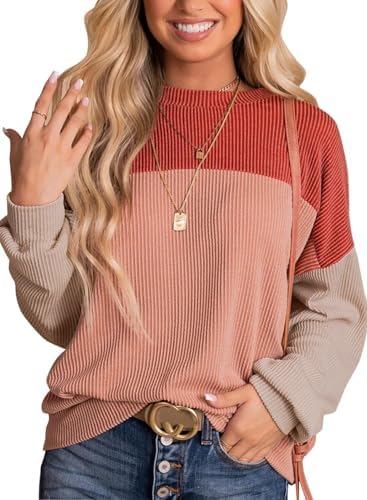 Ivicoer Womens Fashion 2024 Ribbed Long Sleeve Tops Color Block Pullover Shirts Casual Loose
