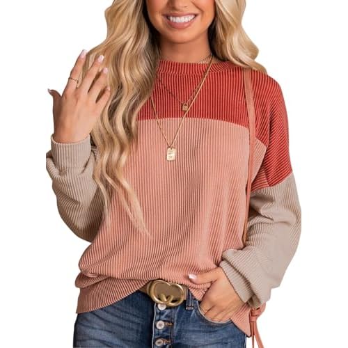 Ivicoer Womens Color Block Pullover Shirts Ribbed Long Sleeve Tops Fall Casual Loose Sweatshirts Fashion