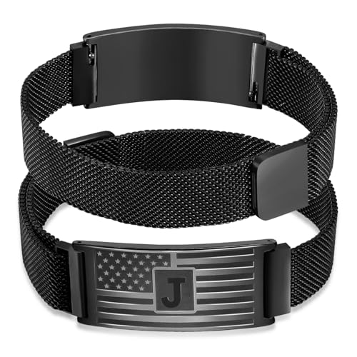 DuoDiner Initials Bracelets for Men Boys,A-Z Capital Letters American Flag Stainless Steel Bracelet Jewelry Gifts for Men Boys Kids Son Grandson Brother Dad Husband