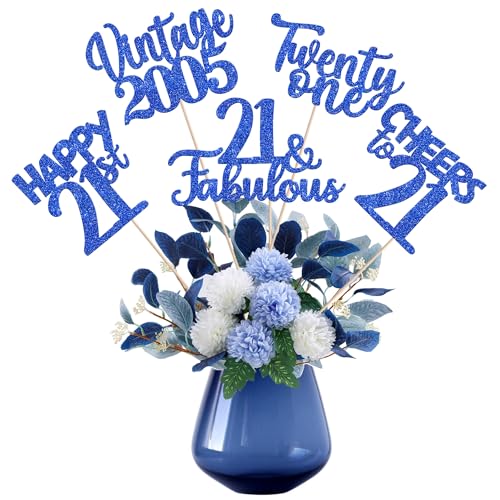 Image of 15 PCS 21st Birthday Centerpiece Sticks Glitter Twenty One Happy 21 Vintage 2005 Table Flower Centerpieces Sticks Cheers to 21 Fabulous Floral Decorations for 21st Birthday Party Supplies Blue