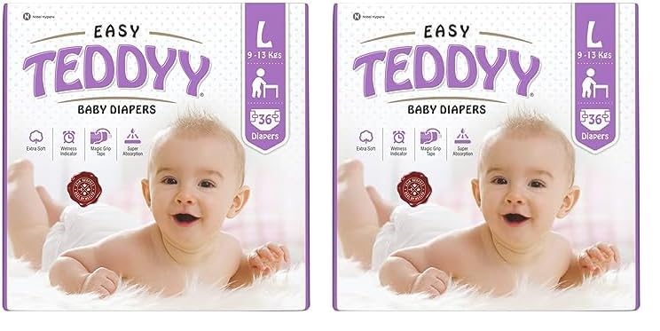 Image of TEDDYY Easy Baby Large Size Diaper (36 Count), 9-13 kgs, Long Lasting Absorption, Anti - Rash (Pack of 2)