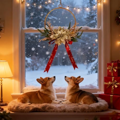 Christmas Wreaths for Front Door, Artificial Floral Hoop Wreaths for Indoor Outdoor Christmas Decorations, Metal Door Wreath with Gold Poinsettias Flowers and Bow for Xmas Wall Decor