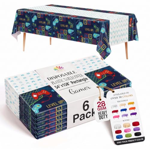 Image of Exquisite Gamer Style Table Cover 6 Pack 54 in. x 108 in. Rectangle Plastic Tablecloth Disposable Table Covers for Video Game Level Up Controller Pixel Boys Birthday Party Supplies Decorations