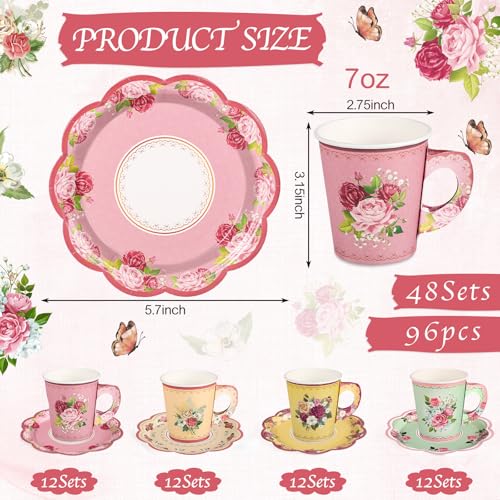 48 Sets Vintage Floral Tea Party Cups 7 OZ Disposable Cups - image 2