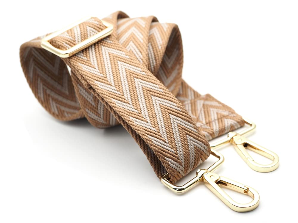 CRAFTMEMORE Shoulder Strap Adjustable Bag Handle Crossbody Nylon Belt Replacement JK02 (Tan-Ivory, Gold Clasp)