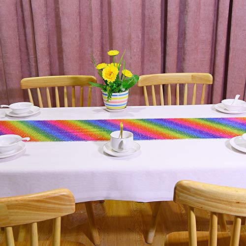 Rainbow Sequins Table Runner Rectangle Placemats Table Cover Wedding Hawaiian Summer Holiday Baby Shower Christmas Halloween Birthday Party Supplies Glitter Sequin Table Setting Decor 12 X 71 Inches #TOP6