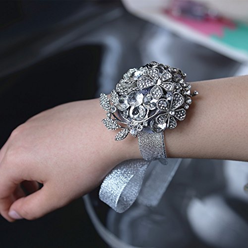 Abbie Home Customized Full Rhinestone Covered Wrist Corsage Crystal Wedding Roses Hand Flower (Silver) #TOP1