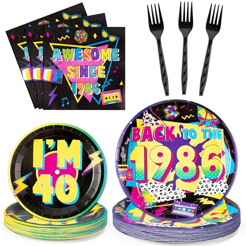 Haooryx 1986 40th Birthday Party Tableware - 96Pcs 80S Vintage Black Birthday Party Decor Supplies Back in 1986 Disposable Paper Plates Napkins Plastic Forks for Men Women 40 Years Old Birthday Party