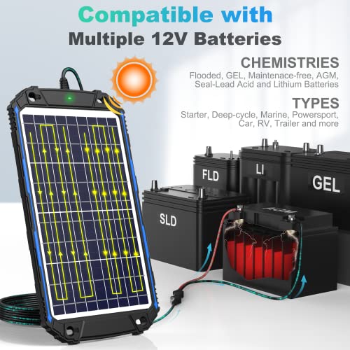 Suner Power 10W 12V Solar Car Battery Charger & Maintainer, Waterproof Solar Trickle Charger, Built-In Intelligent Mppt Controller, Portable Solar Panel Kit For Deep Cycle Marine Rv Trailer Boat #TOP3