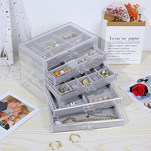 Misaya 5 Drawers Acrylic Jewelry Organizer, Birthday And Back To School Season Gift, Women Large Clear Jewelry Box, Velvet Jewelry Display Holder For Earrings, Rings, Necklaces, Grey #TOP6