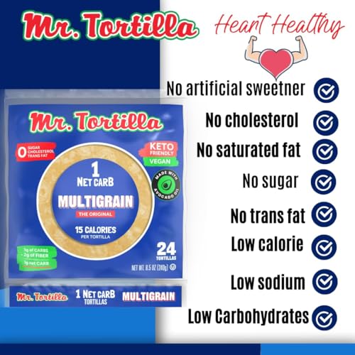Mr. Tortilla 1 Net Carb Tortilla Wraps (24 Tortillas) | Keto, Low Carb, Reduced Calorie, Vegan, Kosher | Only 15 Calories, Delicious & Guilt-Free, Healthy Snacks & Bread Alternative (Multigrain)
