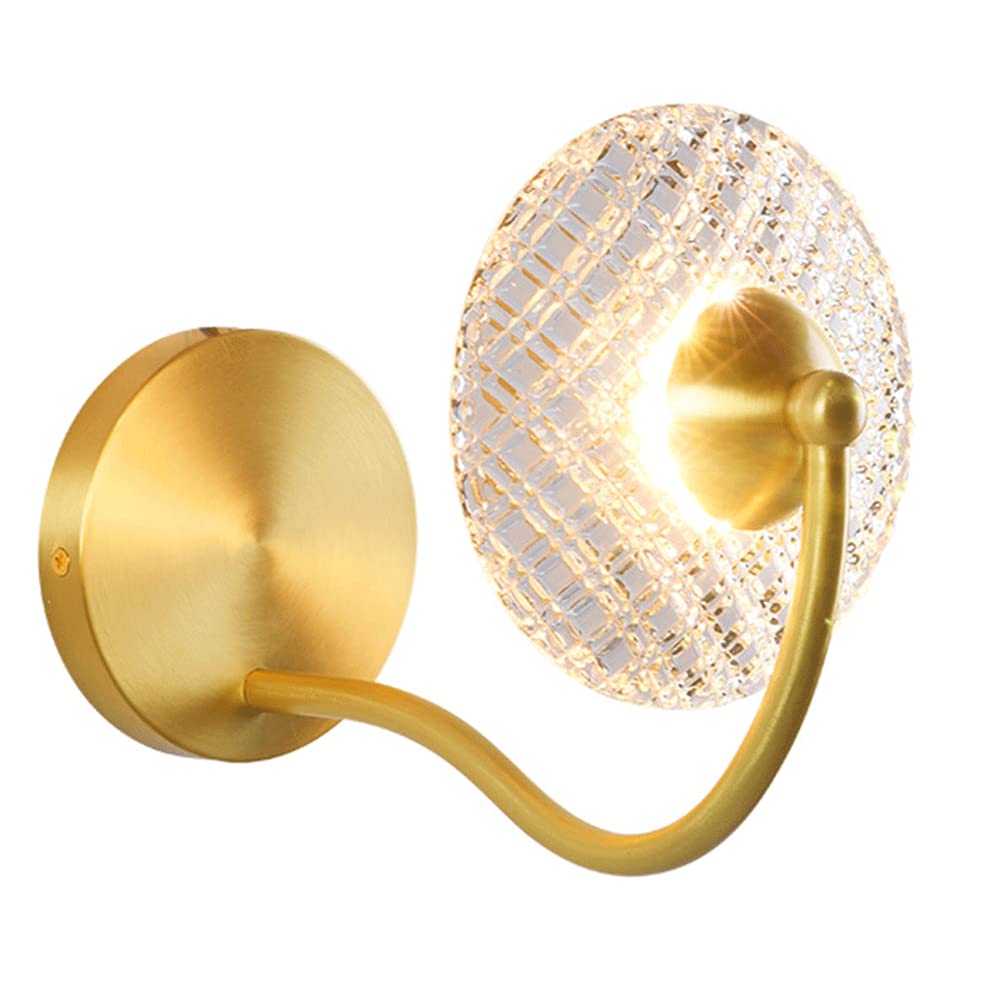 CWCQGH Wall Sconces, Bedroom Decorative Wall Lights, Glass Wall Lamp, Brass Wall Light with Frisbee Shade Wall Sconce, Corridor Living Room Copper Wall Lamps, 7W LED 3 Color Mode