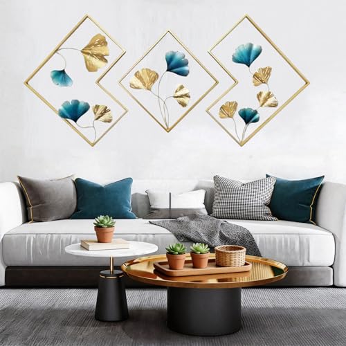 Ysislybin DéCoration Murale En MéTal, Lot De 3 PièCes Tableaux Modernes En MéTal Feuilles De Ginkgo En 3d IdéAles Pour Couloir Salon Chambre HôTel 164x70...