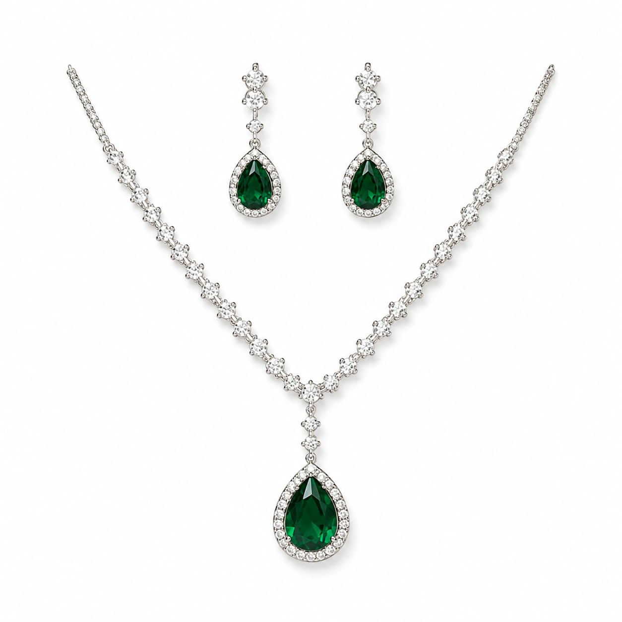 Emerald Green Teardrop Pendant Necklace and Earrings Set-image-48