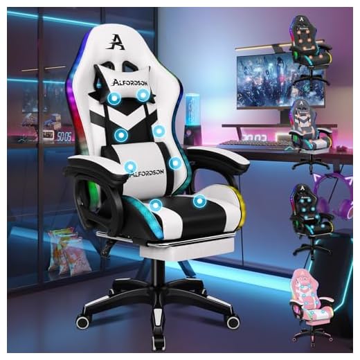 ALFORDSON Gaming Stuhl Gamer Stühle RGB LED Racing Gamer-Stuhl PC-Gaming-Sessel Massage Bürostuhl ergonomisch Fußstützen, Schreibtischstuhl, Neigungswinkel 90-150°,180 kg belastbar, Weiß