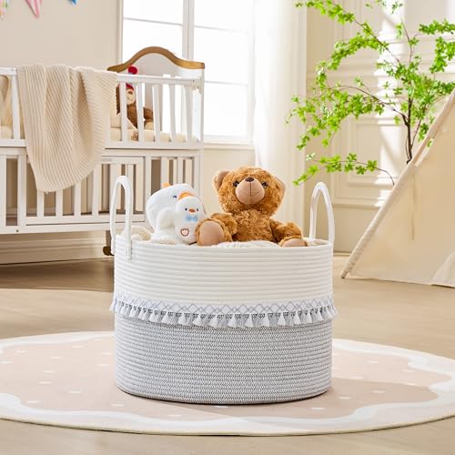 Image of KAKAMAY Cotton Rope Storage Basket (20 inchx13 inch),Woven Hamper for Blankets,Toys,Pillows,Clothes,Laundry,Sturdy Handles Decorative Basket for Living Room, Bedroom,Nursery(Grey /Black)
