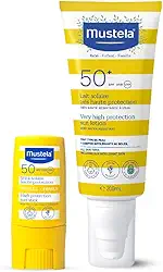Mustela Combo Protetor Solar Stick FPS 50 8g Filtro Solar Facial em Bastão + Protetor Solar Infantil e Adulto Loção FPS 50+ 200 ml