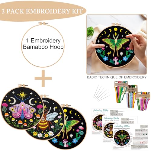 Image of Nuberlic 3 Pack Embroidery Kit for Adults Beginners, Stamped Cross Stitch Moth and Bee Patterns with Hoop, Thread, Needles & Step-by-Step Guide Easy DIY Starter Kit