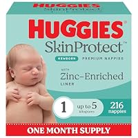 Huggies Skin Protect Newborn Nappies Size 1 (up to 5kg) 216 Count - One Month Supply (Packaging May Vary)