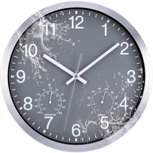 ACCSHINE Orologio da Parete Impermeabile per Esterni - con Termometro e Igrometro Orologio da Parete Senza Ticchettio Silenzioso 30cm Quarzo a Batteria Grande Deco da Giardino (Grigio)