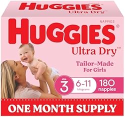 Huggies Ultra Dry Nappies Girls Size 3 (6-11kg) 180 Count - One Month Supply (Packaging May Vary)
