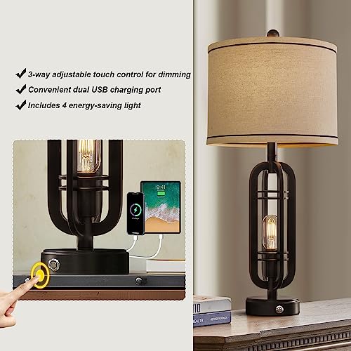 G-Safava 27.25 Inch Industrial Table Lamp Set Of 2 With 2 Usb Ports, 3 Way Dimmable Touch Control Nightstand Lamp，Vintage Modern Farmhouse Desk Lamps For Living Room Bedroom Hotel, 4 Bulbs Included #TOP4