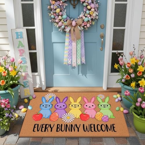 Jenaai Easter Door Mat Coir Doormat Easter Bunny Welcome Mat 17' x 29' Spring Floor Non Slip Heavy Duty for Entrance Door Porch Front Decor