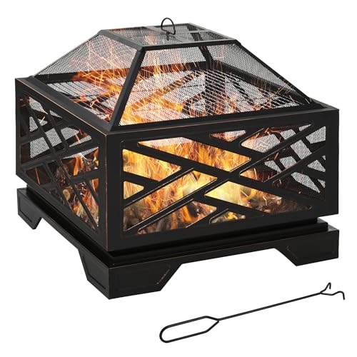 Outsunny Feuerschale mit Funkenschutz, Feuerkorb mit Grillrost, Schürhaken, 2-in-1 BBQ Grill, Feuerstelle für Garten, Balkon, Metall, Schwarz, 66 x 66 x 66 cm