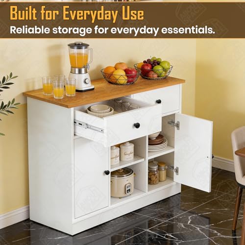 Image of ABOUT SPACE 3ft Kitchen Storage Cabinet with 2 Drawers, Open Center Shelf, 2 Closed Cabinet with Adjustable Shelves Modern Kitchen Rack Cupboard for Dining Room, Living Room, Entryway - CM Oak & White
