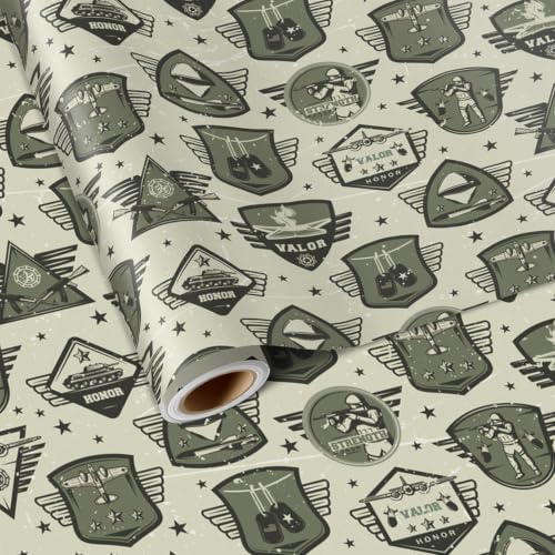 Joviwrap Military Badge Wrapping Paper Roll for Men Boys Vintage Military Emblem Wrapping Paper Army Gift Wrap for Independence Day Birthday Camping Hunting Holiday Parties 17 In x 16.4 Ft
