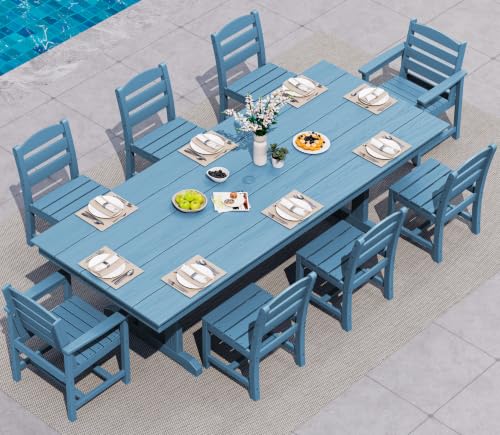 Image of SERWALL 9 Piece 84 inch HDPE Outdoor Dining Set with 6 Armless Chairs, 2 Armchairs and Umbrella Hole for 8, Blue