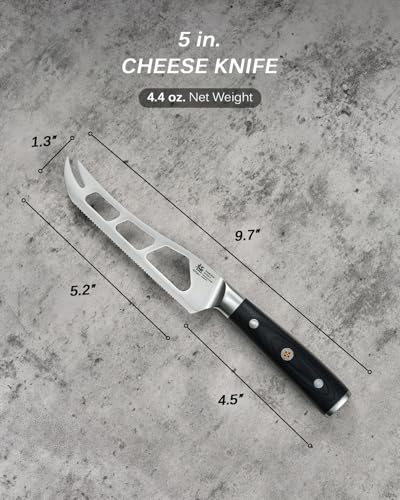 Image of KYOKU 5 in. Serrated Cheese Knife, Samurai Series Cheese Slicer with Hollow Blade Pakkawood Handle, German 1.4116 Stainless Steel Full Tang Knife for Hard Cheese with Protective Sheath & Gift Box