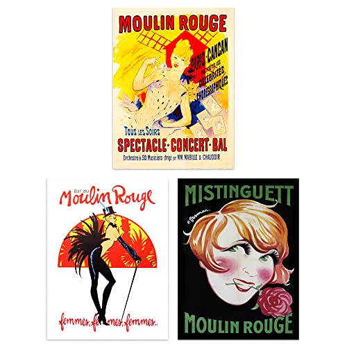 Artery8 Vintage Moulin Rouge Burlesque Cabaret Girls Paris France Set Of 3 Unframed Wall Art Prints Bathroom Bedroom Aesthetic Retro Advertising 12X16 Inch