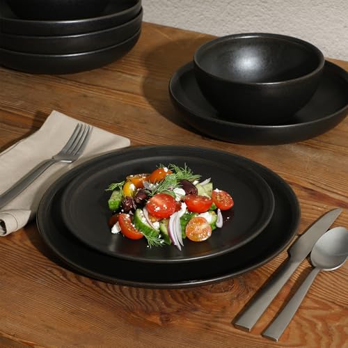 Image of Gibson Elite Beckett Stoneware Matte Reactive Glaze 16 Piece (Service for 4) Plates and Bowls Dinnerware Set - Black