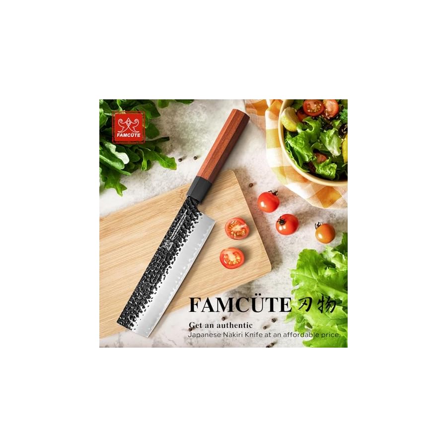 Nakiri-Knife-7-Inch-Hand-Forged-3-Layers-9CR18MOV-High-Carbon-Steel-Japanese-Cleaver-Knife-Sharp-Rosewood-Handle-Kitchen-Chopping-Knife-for-Men-and-Women FAMCÜTE Nakiri Knife 7 Inch, Hand Forged 5 Layers 9CR18MOV High Carbon Steel Japanese Cleaver Knife - Sharp Rosewood Handle Kitchen Chopping Knife for Men and Women.