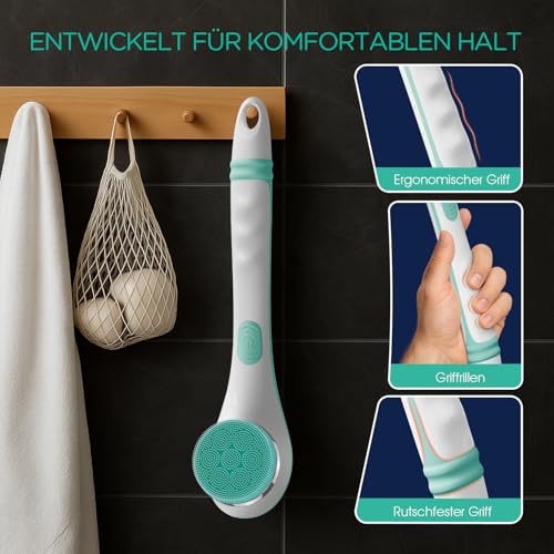 VOYOR Rückenbürste Duschbürste Körperbürste elektrische Rückenbürste langer Griff wasserdicht Aufladbar mit 4 Reinigungsköpfen für Spa Dusche Peeling Massagebürste(Blau)
