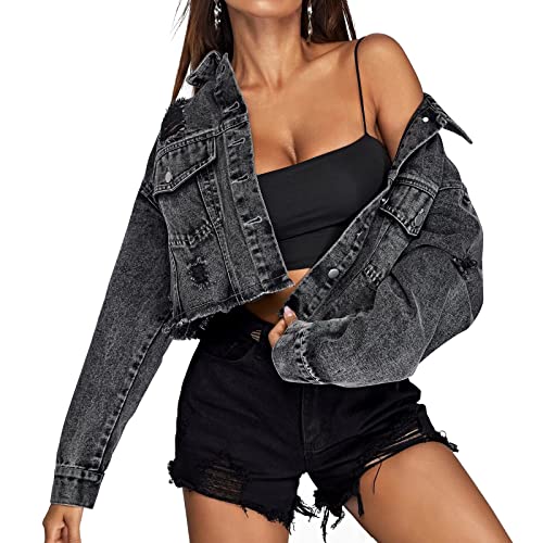 LONGYIDA Denim Jackets for Women Button Down Distressed Cropped Jean Jacket Long Sleeve Frayed Ripped Black Jean Coat(Black03,L)