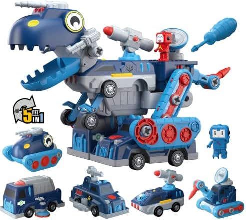 Toys for 5+ Year Old Boys, Take Apart Dinosaur, Magnetic Building Blocks Vehicles Play Set, 5 in 1 Cars & Trucks Transform Into Robot Dino T-rex, Engineering STEM Toys & Gifts for Boys & Girls
