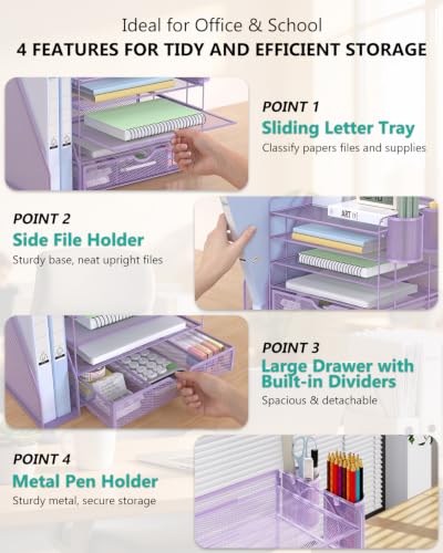Image of WALI Desk File Organizer, 5 Tier Desktop Paper Letter Tray Organizer with Drawer and 2 Pen Holders, Office Desk Accessories & Workspace Organizers for Office, Home Supplies(DO006DH-V), 1 Pack, Purple
