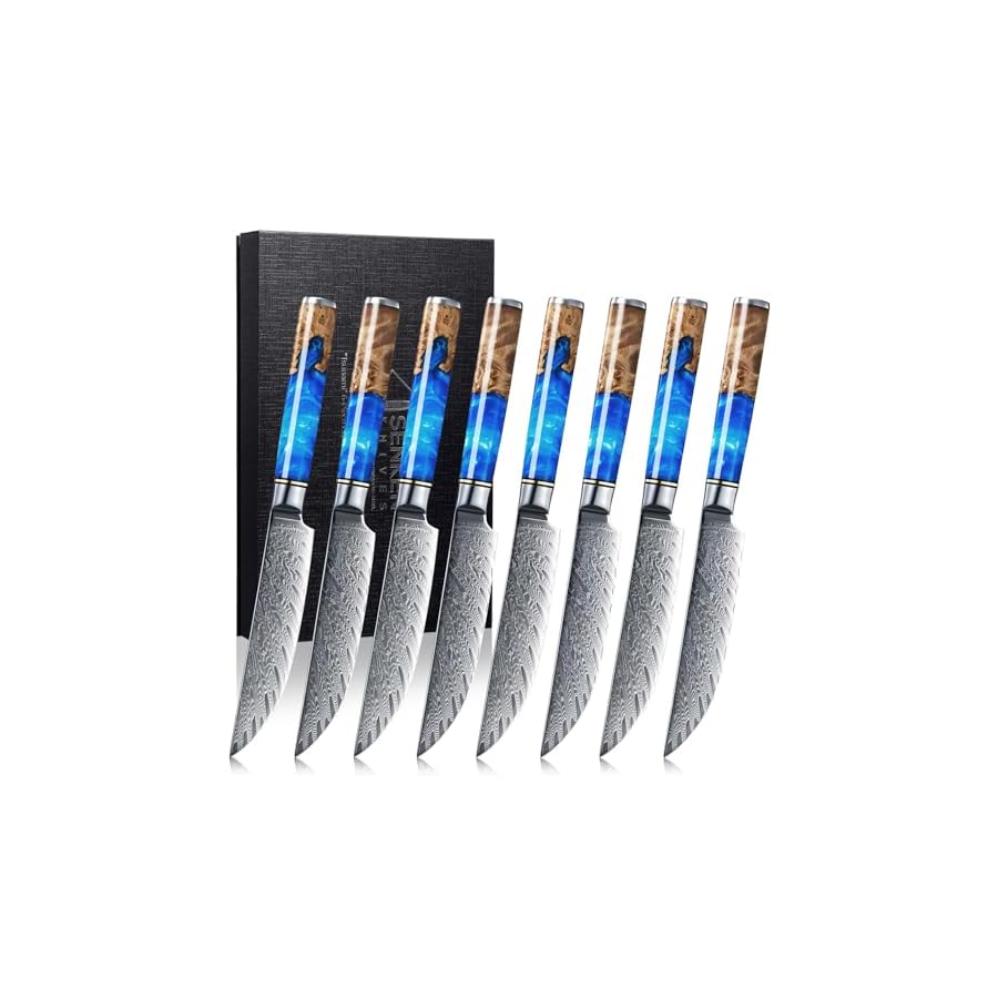 SENKEN-Damascus-Steak-Knife-Set-Tsunami-Collection-67-Layer-Japanese-VG10-Steel-Razor-Sharp-Non-Serrated-Blades-Blue-Resin-Natural-Wood-Pattern-Handles-Luxury-Gift-Box-8-Steak-Knife-Set SENKEN Damascus Steak Knife Set - Tsunami Collection - 67-Layer Japanese VG10 Steel - Razor Sharp Non-Serrated Blades, Blue Resin & Natural Wood Pattern Handles, Luxury Gift Box (8 Steak Knife Set)