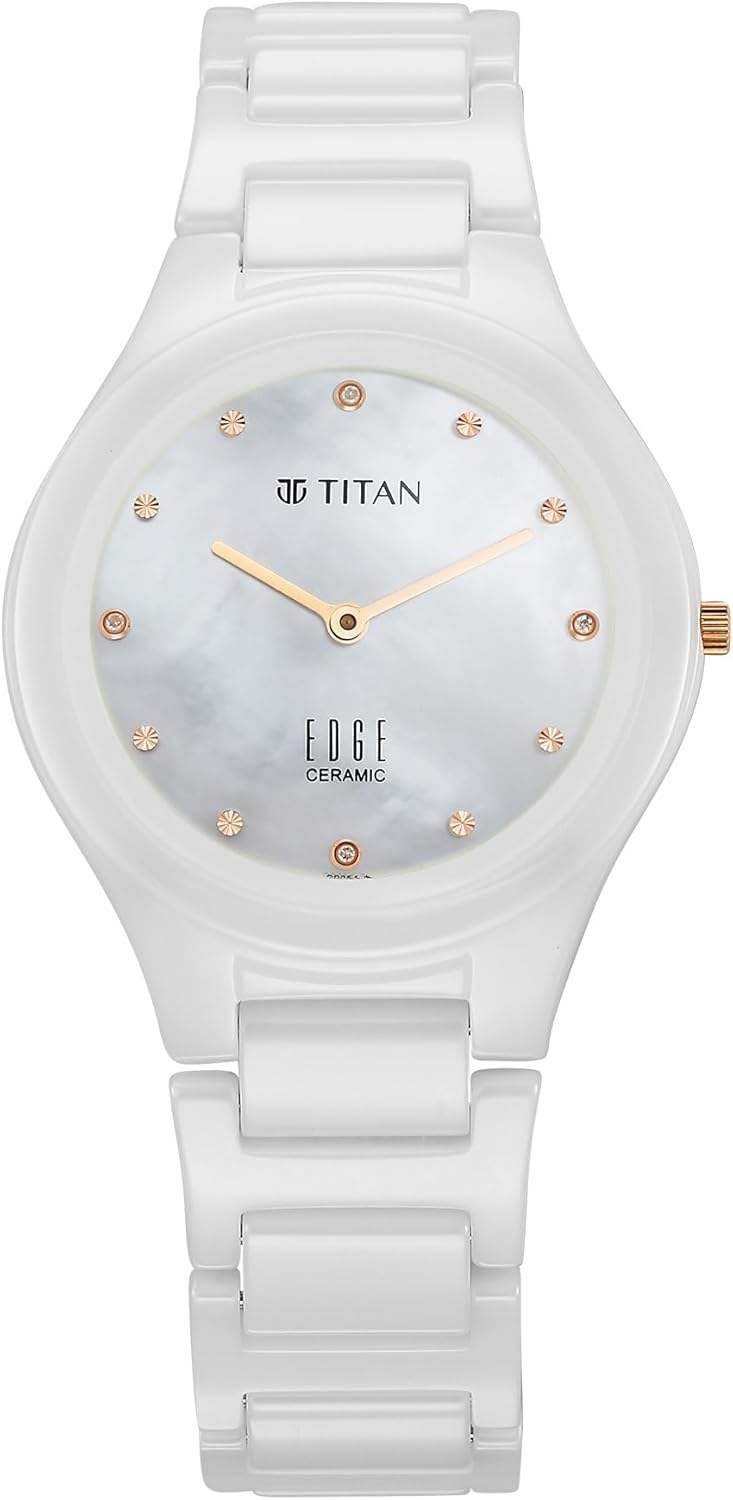 Edge Titan Ceramic Dress with Diamonds Quartz Analog Ceramic Strap Watch for Women, White, Modern