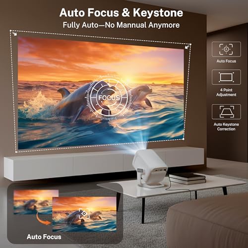 [1080P Natif/Auto Focus] Intelligent Vidéoprojecteur 4K avec WiFi 6 et Bluetooth 5.4 Mini Smart Projecteur Rotation 270° Auto Keystone Portable Projector Compatibile avec HDMI/USB/iPhone