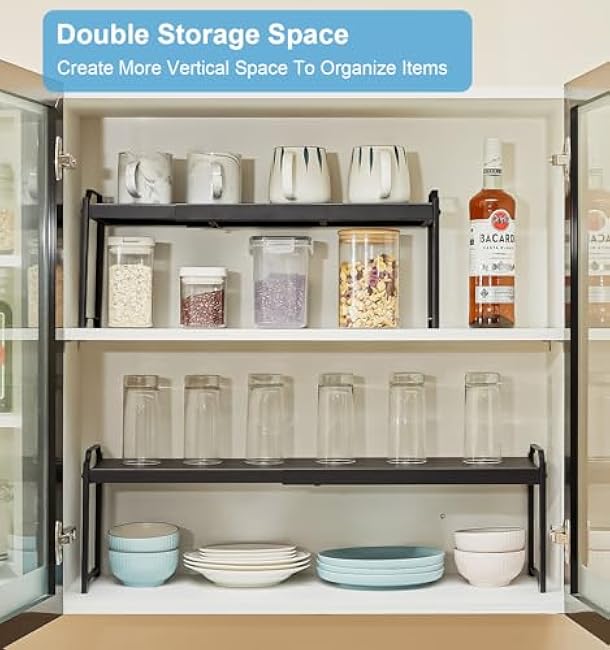 4 Pack Kitchen Cabinet Shelves Organizers, Kitchen Counter Storage Shelf Spice Rack, Expandable Length, Adjustable Height, Stackable, Sturdy 30LBS Bearing, Small Cupboard Tabletop Organizer Shelf Rack