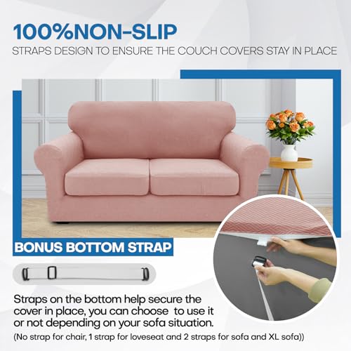 XINEAGE New 3 Pieces Couch Covers for 2 Cushion Sofa Super Stretch Loveseat Slipcover Pet Dog Universal Slip Cover Anti Slip Love Seat Furniture Protector (Dusty Pink, 55"-69")