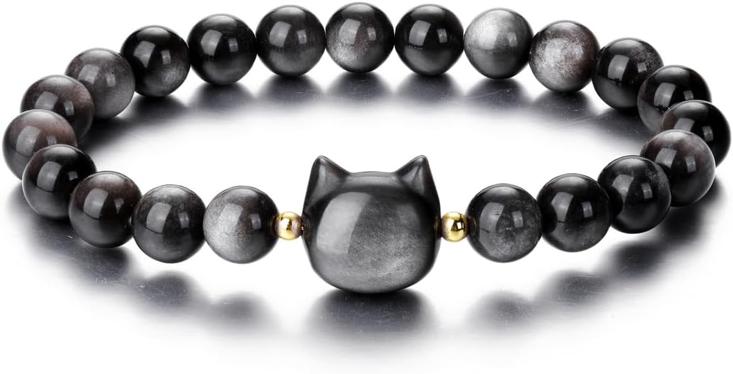 Jovivi Crystal Cat Bracelet for Women Men,8mm Natural Stone Beaded Bracelet Protection Healing Crystals Gemstones Stretch Bracelet Cat Jewelry Gifts for Good Luck,Money Attraction