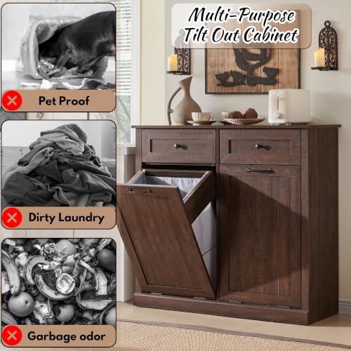 Image of IFBUY Double Tilt Out Laundry Hamper Cabinet, Trash Cabinet, Brown
