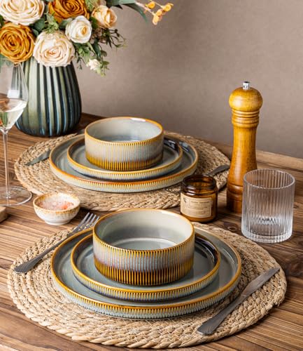 Image of TheTerra Ceramic Dinnerware Sets for 4, 12 Pieces Porcelain Lightweight Plates and Bowls Sets, Scratch Resistant Dish Set, Oven & Microwave & Dishwasher Safe, Dusk Blue