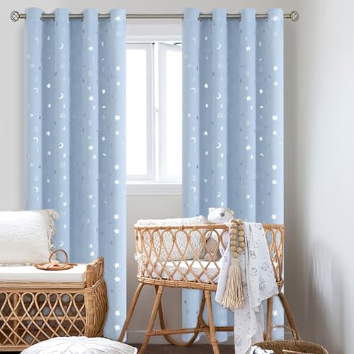 Image of BGment Kids Curtains for Bedroom 84 Inch Length, Nursery Star and Moon Blackout Curtains for Boys, Decoration Thermal Insulated Room Darkening Window Curtains for Girls Babys, Spa Blue, 52 Wide